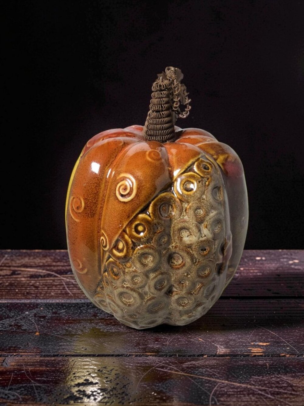 Vintage Pumpkin Decor brown and green 10.5" ceramic piece featuring a wire stem